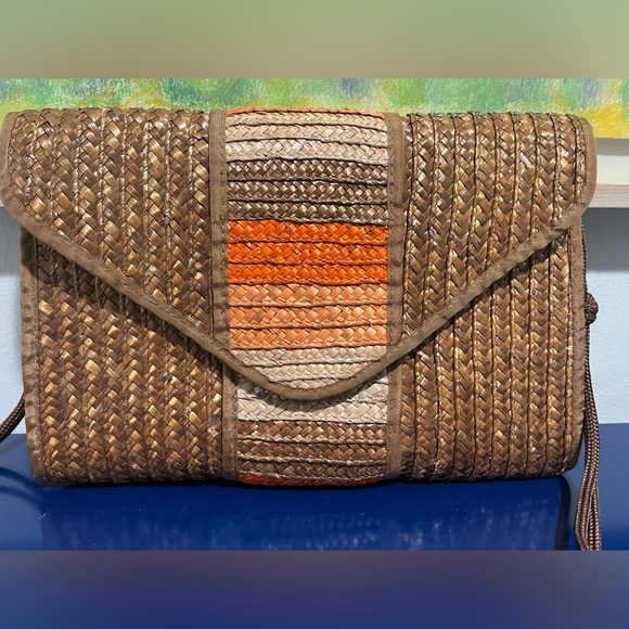 Waves Straw Wicker Purse Envelope Clutch Bag Brown Orange Vintage 70s 80s Lined - Picture 2 of 10